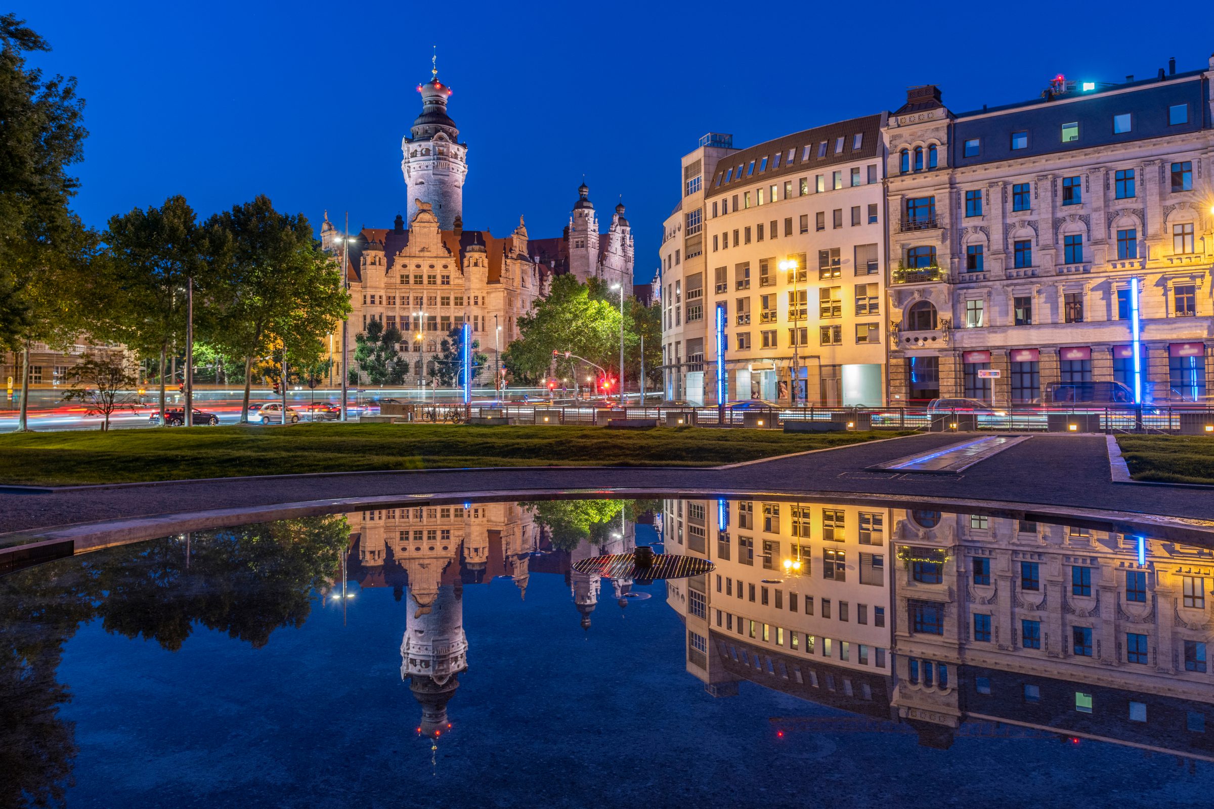 New,Town,Hall,At,Blue,Hour,With,Reflection,,Leipzig,,Germany